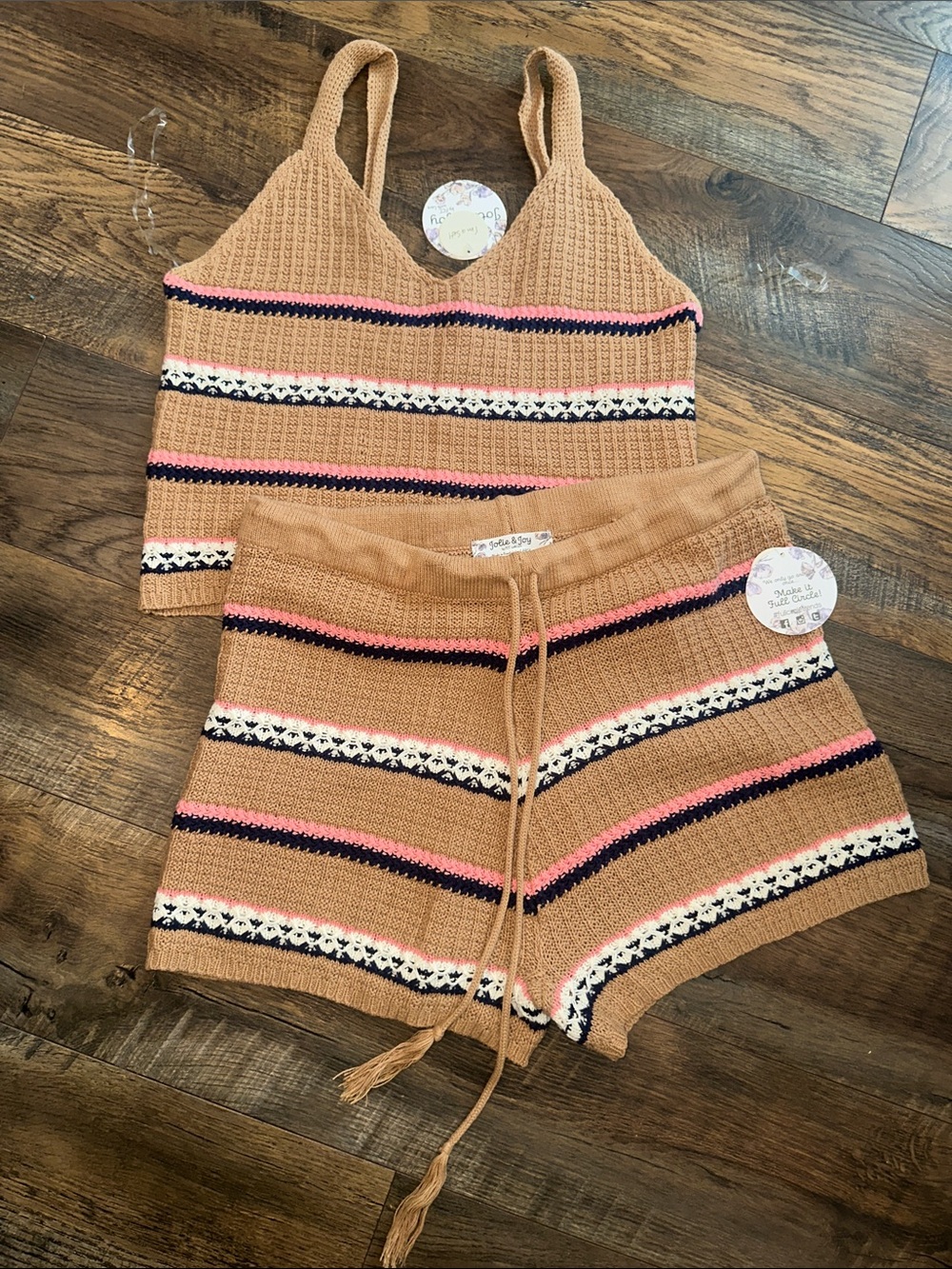 NWT 
Knit Stripe Drawstring Women’s Shorts — Tan with Pink & Navy size L